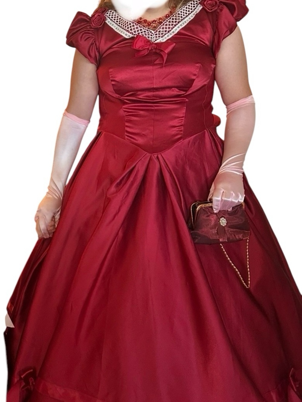 Elegant Burgundy Satin Ball Gown Dress with Lace Trim